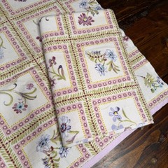 Floral Grid Pattern VTG Fabric Pieces Set of 2 Cream Pink Purple Cottage Core
