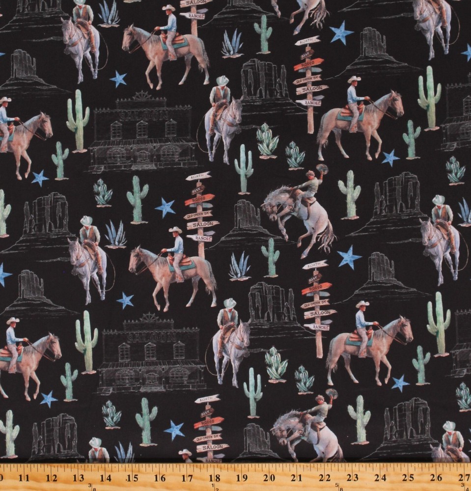 Cotton Horses Western Ranch Signs Cactus Desert Fabric Print by the Yard D462.64