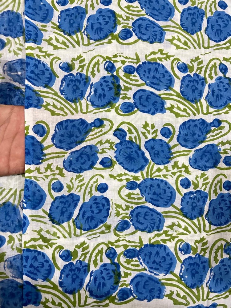 Cotton Fabric Sanganeri Indian 5 Yard Hand Block Print Pure Running Blue Floral