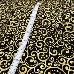 Lux Timeless Treasures Black Gold Metallic Scroll Cotton Quilting Fabric 46X42