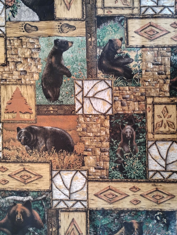Bears Fabric 2.25 Yards x 45″ Wide Cotton Birch Bark, Stone Wall, Sticks Design