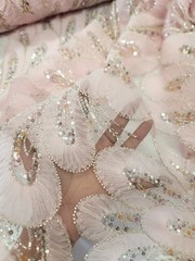 Floral 3D Lace Pink Embroidered Beaded Flowers Mesh Fabric Sold By The Yard Prom