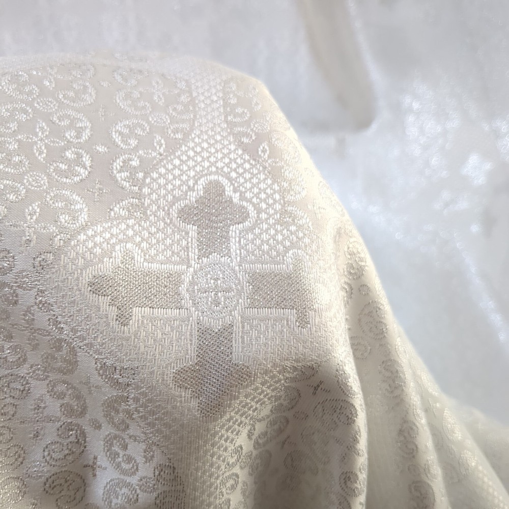 Silver Metallic Brocade Fabric Devotional Cross Design By Yard Baptism Bridal