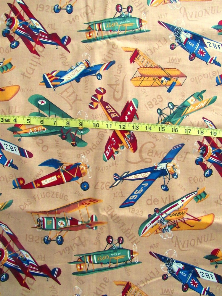 35″ x 44″ Cotton Fabric Tan with Various Vintage Single Engine Airplanes
