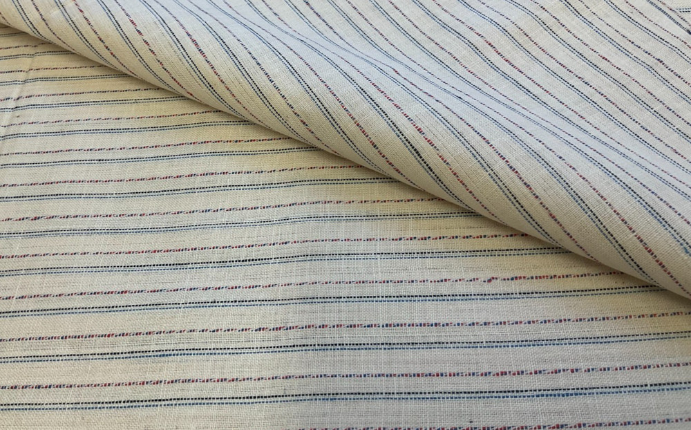 BLUE & RED STRIPE ON BEIGE COTTON–BY THE YARD