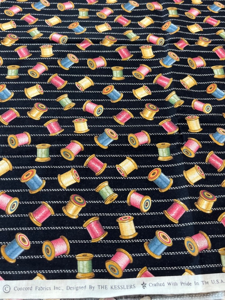 Retro Sewing Fabric by The Kesslers – Spools on Black Concord Fabrics USA 1/2 Yd