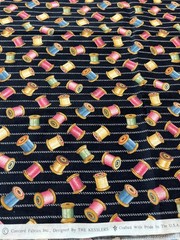 Retro Sewing Fabric by The Kesslers – Spools on Black Concord Fabrics USA 1/2 Yd