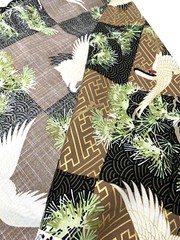 Japanese fabric cranes birds art deco black brown gold heron stork asian chinese