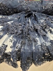 Navy Blue 3D Floral Embroidered With Rhinestones Mesh 3d Lace Fabric By The Yard