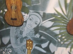 TRANS PACIFIC Hawaiian Tropical UKULELE GIRL COTTON FABRIC VTG RARE 32″X44″