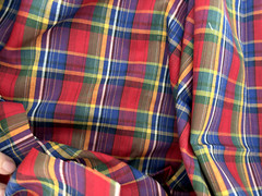 VTG 1 Yd 45X33″ Navy Blue Green Red Yellow PLAID Print Cotton QUILT FABRIC