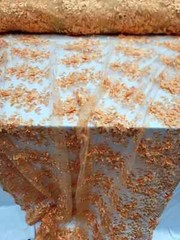 Orange 3D Flowers Beaded Lace Embroidered Mesh Fabric – Sold by the Yard