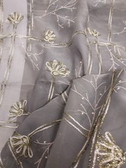 Embroidered Chiffon Fabric With Silver Mettalic Thread