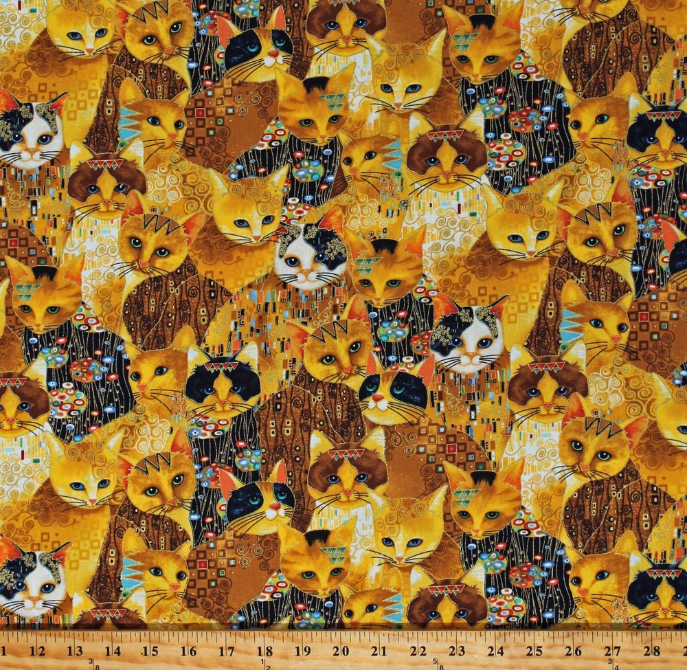 Cotton Golden Bejeweled Cats Animals Gold Metallic Fabric Print by Yard D381.51