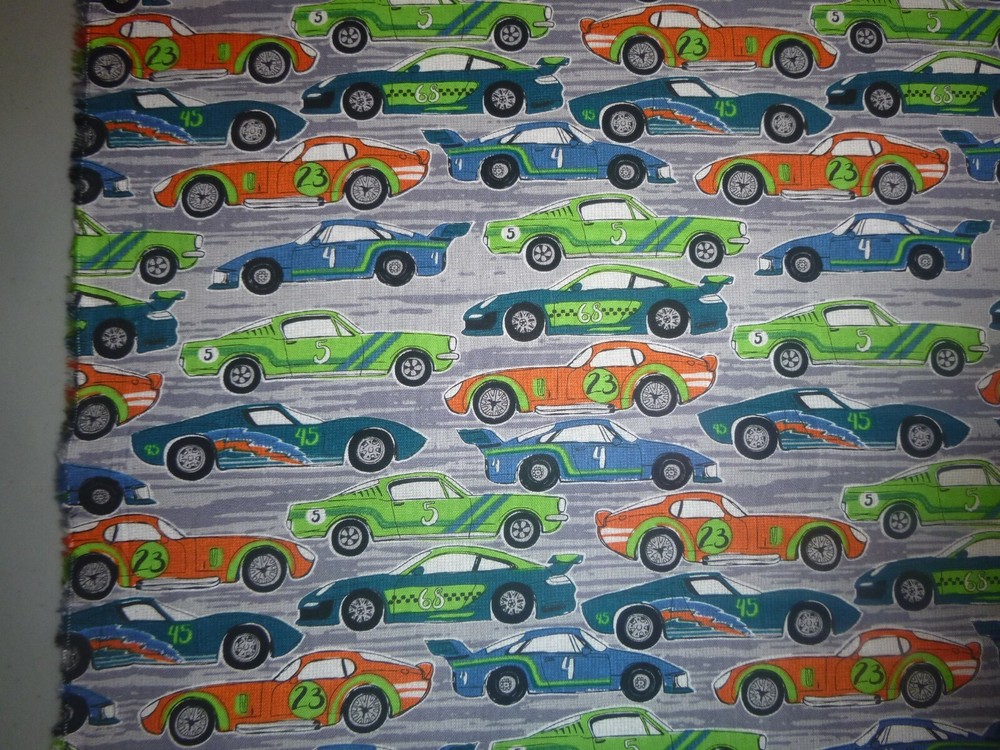 Race Cars on Grey Cotton Fabric – 15 INCHES WIDE and 36 INCHES LONG