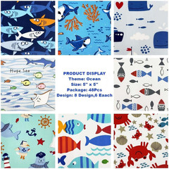 5 Inch Ocean Charm Packs Fabric Squares 5‘’X5‘’,Quilting Cotton Fabric Bundles