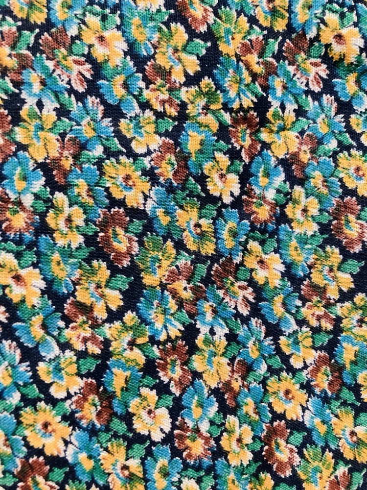 Small Flowers Teal Brown Yellow on Navy Blue VTG Cranston Crantix Fabric 34×44″W