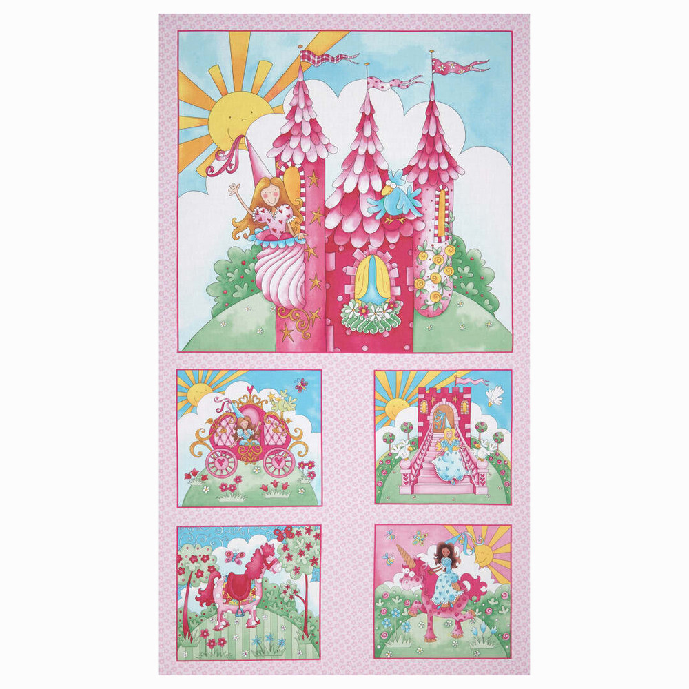 Princess Castle Pink Fabric Once Upon A Time Cotton by Henry Glass 24″ Panel