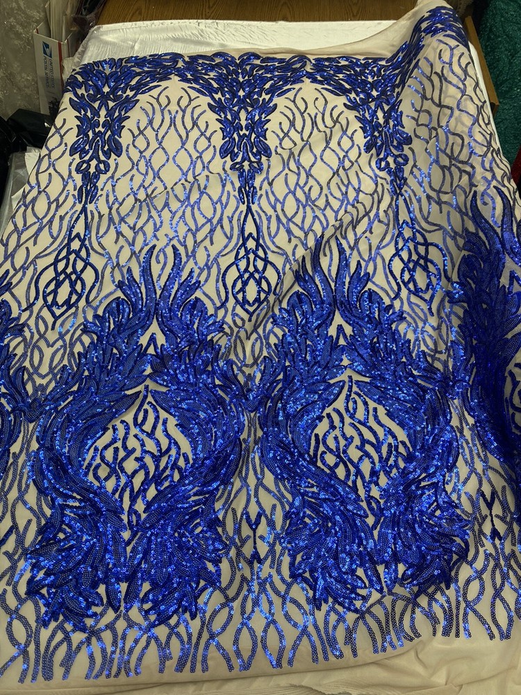 Royal Blue sequin on stretch nude mesh fabirc 54” wide