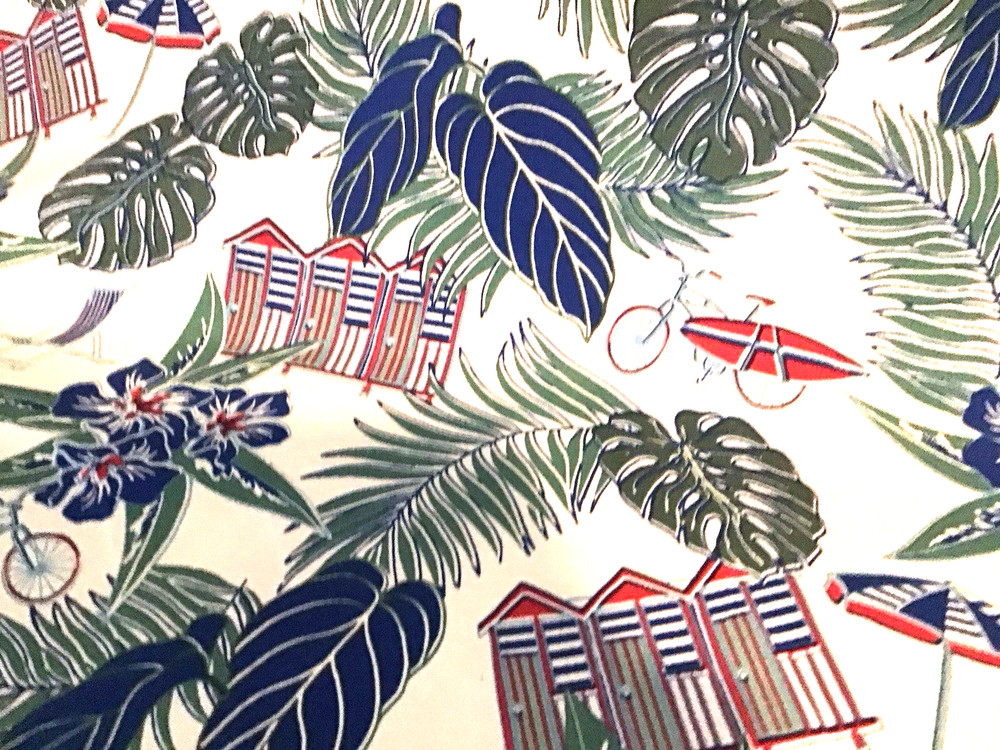 Coastal Outdoor fabric Beach Scenes Huts Palm Tropical Blue Green By The Yard