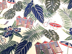 Coastal Outdoor fabric Beach Scenes Huts Palm Tropical Blue Green By The Yard
