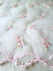 Tulle Fabric Panel, Embroidered Pink Flowers on Semi Sheer Organza; 44 x 88 in