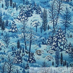 BonEful FABRIC FQ Cotton Quilt Blue White Winter Scenic Xmas Tree Forest Glitter