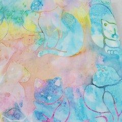 Pastel Blue Pink Yellow Watercolor Tie-Dye Fabric w/ Cats Craft Quilt 54 x 43in
