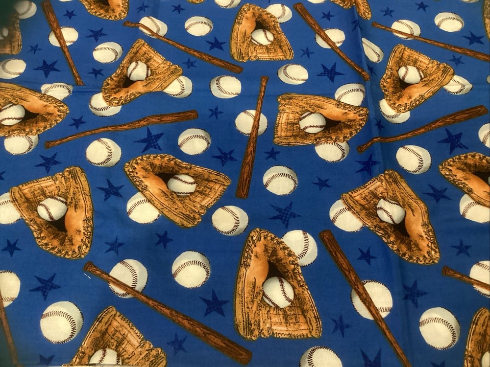 Baseball Stars Bats and Balls On Blue Quilting Cotton Fabric 1 Yard