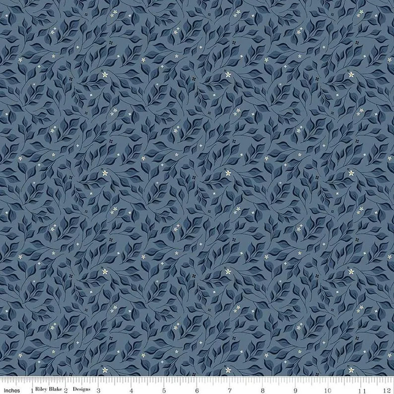 $8 Per Yard CURATED BLOOMS Leaves Stone Blue Quilt Fabric C15343 by Riley Blake