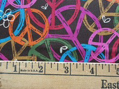 Groovy Peace Symbols Fabric; Brown with Orange, Pink, Green, Red, Yellow. BTHY