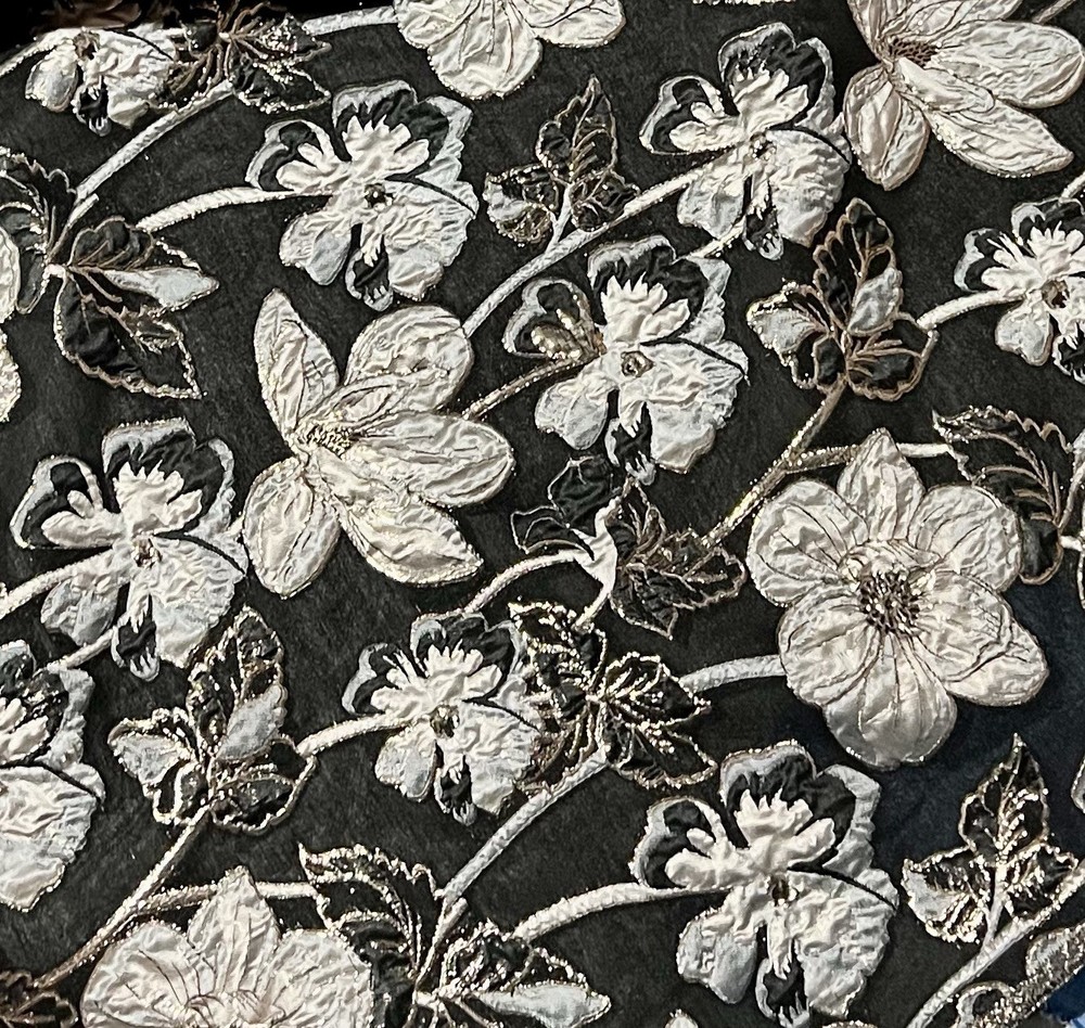 Black Silver Gold Floral Metallic Brocade Fabric 58” Width Sold By The Yard