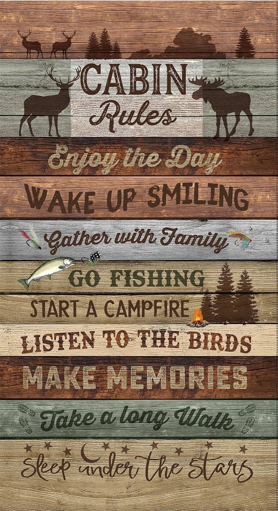 24″ X 44″ Panel Cabin Rules Lodge Phrases Wood Gray Cotton Fabric D688.91