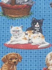 1 5/8 yds VTG Dogs Cats Kittens Puppies Blue Novelty Fabric Cotton Blend