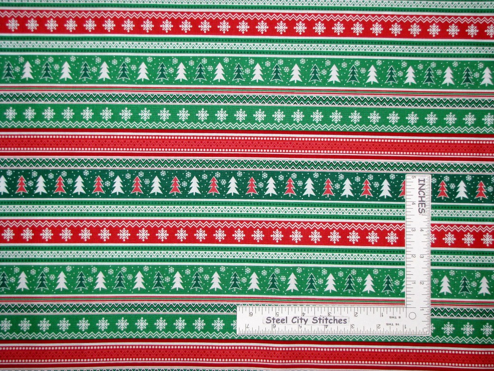 Christmas Snowflake Tree Stripe Fabric 2 Pcs 12″X44″ & 13″X44″ Cotton Benartex
