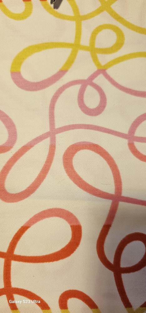 INDOOR OUTDOOR FABRIC SCRIBBLE PATTERN RED YELLOW ON CREAM 18X54 INCHES