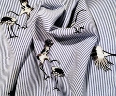 Blue and White Stripe Rayon Poplin Shirting With Birds – Beautiful, Unique!