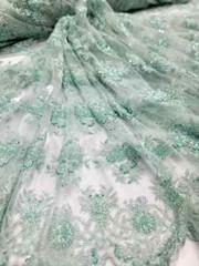 Mint Beaded Mesh Lace Fabric – Bridal Wedding Floral Design, Sold by the Yard
