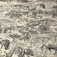 Classic Cottons Tigers Elephants Toile Black White Print Cotton Fabric 4 Yards