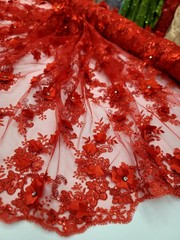 3d Red Floral Lace Fabric Sold By The Yard Embroidered Rhinestones 3d Lace Prom