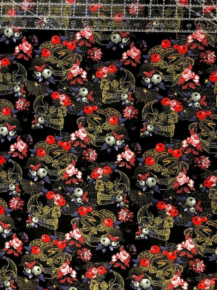SKULLS, SNAKES AND ROSES COTTON FABRIC 1 YARD 36″ X 44″ PERFECT FOR FACE MASKS 