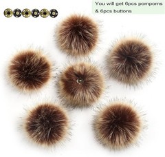 6 Brown Faux Fox Fur Pom Poms Detachable for Hats with Snap 4.3″ Round