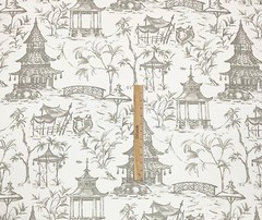 LACEFIELD DESIGNS PAGODAS BISQUE GRAY WHITE ASIAN TEMPLE FABRIC BY YARD 55″W
