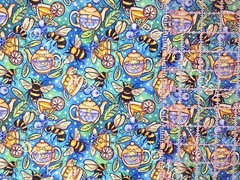 100% Cotton Woven Novelty Fabric Honey Bees And Teas By The 1/4 Yard 9×56