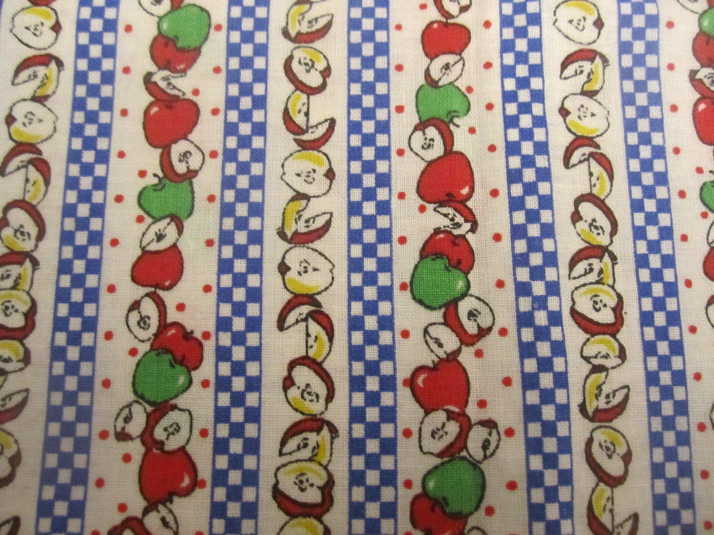 Vtg Cotton Fabric Country RED Green APPLES Blue Check Stripe on White 1yd x 44