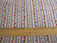 Vtg Cotton Fabric Country RED Green APPLES Blue Check Stripe on White 1yd x 44