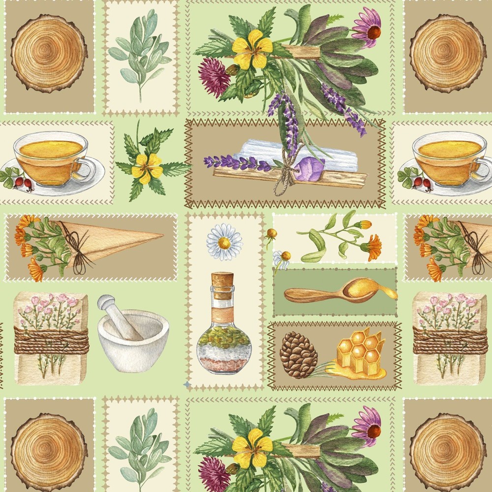 COOKING HERBS & SPICES ~ Flowers, Utensils, Wood in Squares, Rectangles on Green
