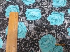 2yds x 62″ Vintage Teal Blue Roses on Black Lace Polyester Standard Fabrics Co.