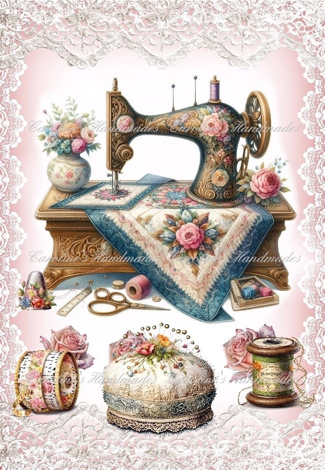 Vintage Sewing Machine & Quilt Designer Cotton Fabric Quilt Block Multi-size