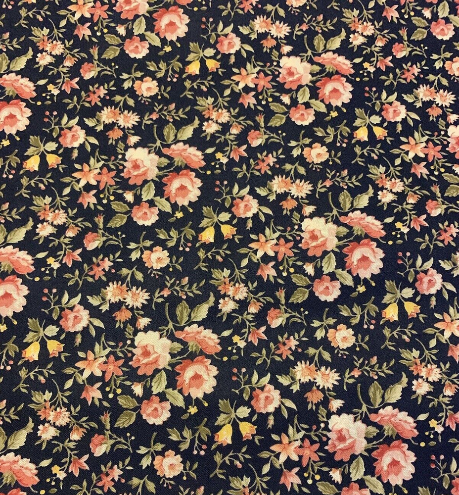 Vintage Fabri-Quilt FQ ” The MVP Collection” Dark Navy Pink Floral Print OOP